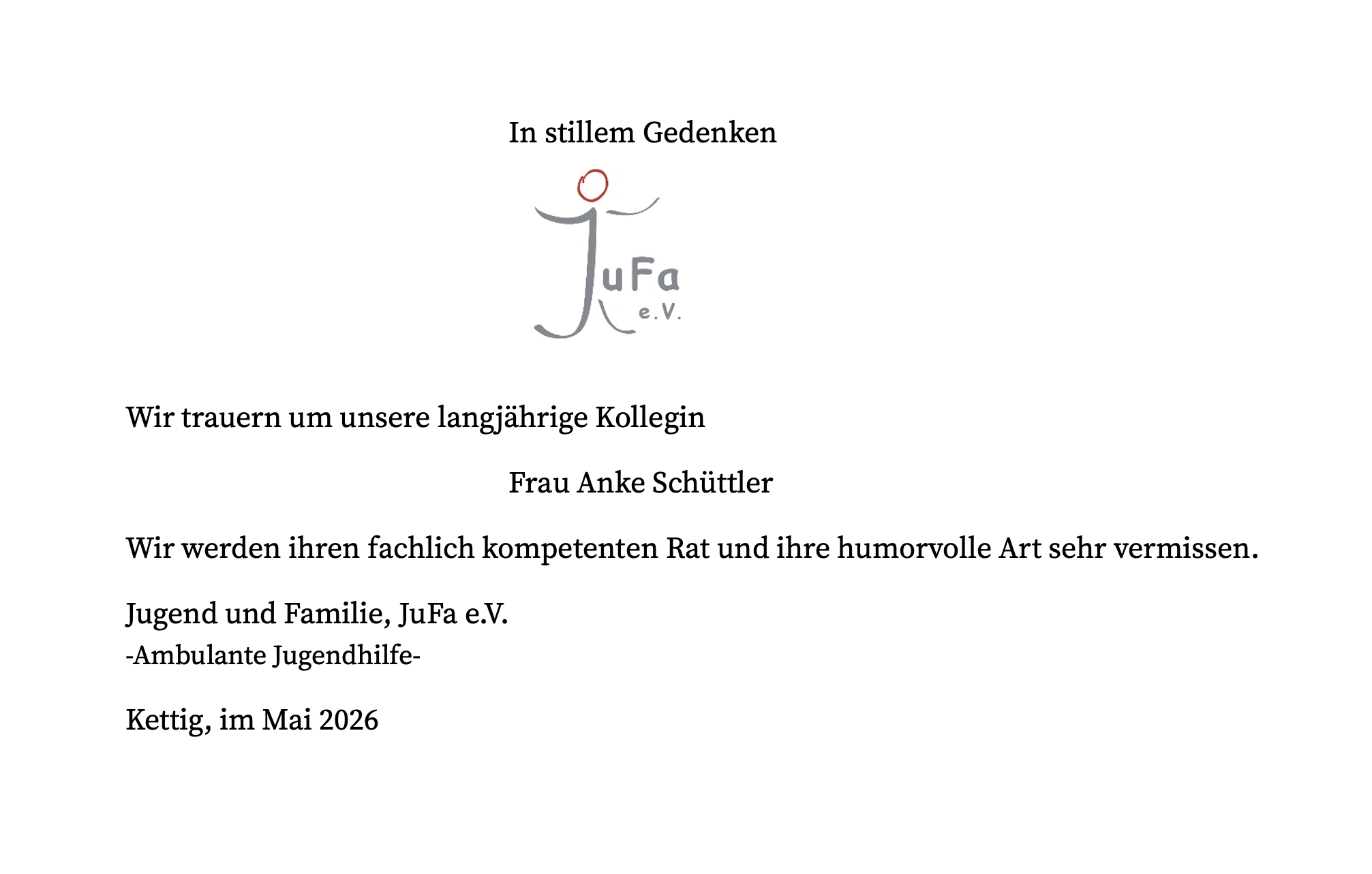 Traueranzeige für die langjährige Mitarbeiterin Anke Schüttler